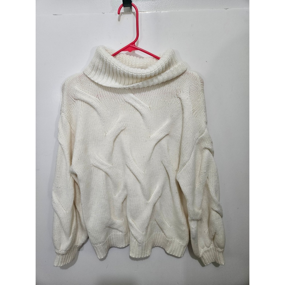 Simplee Women Cream White Chunky Cable Knit Turtleneck Sweater Size L